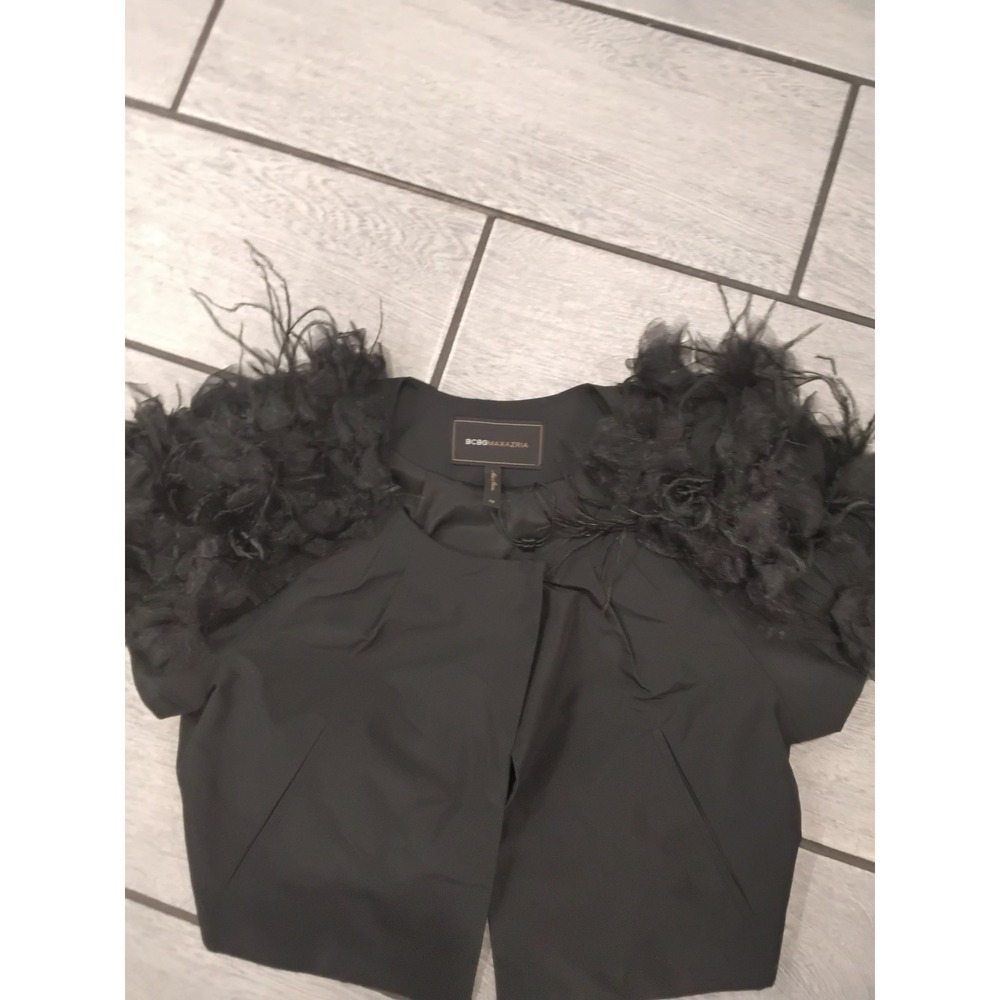 BCBGMAXAZRIA Black Feather Shoulder Cropped Bolero Jacket Shrug XS VVV4D242